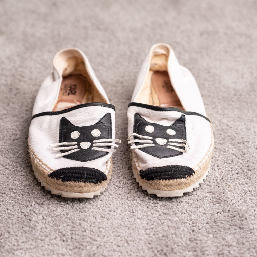 Karl Lagerfeld White Espadrille Flats with Black Cat Motif